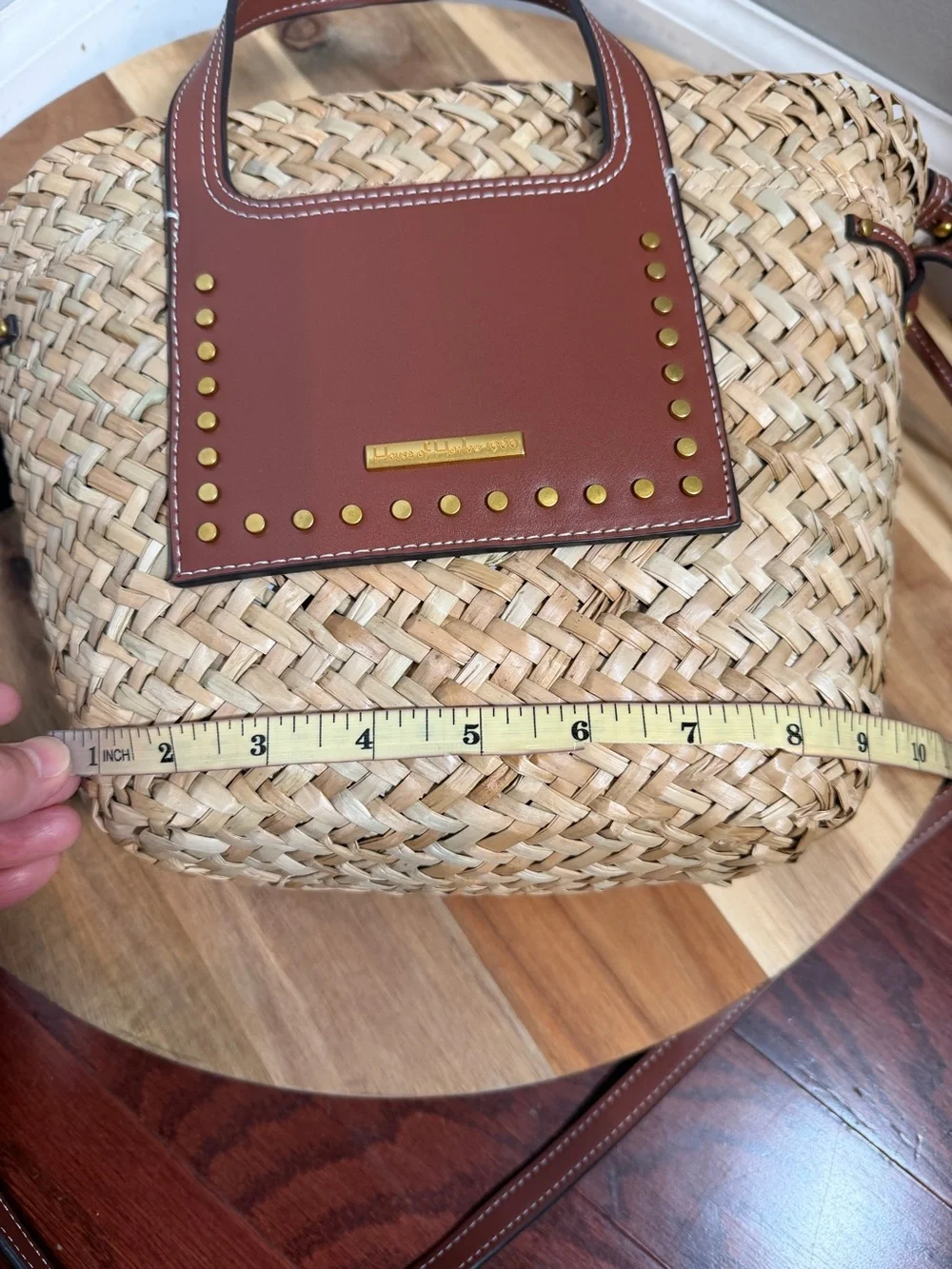 House of Harlow 1960 Woven Straw Basket Bag Brown Leather Studded Crossbody Tote